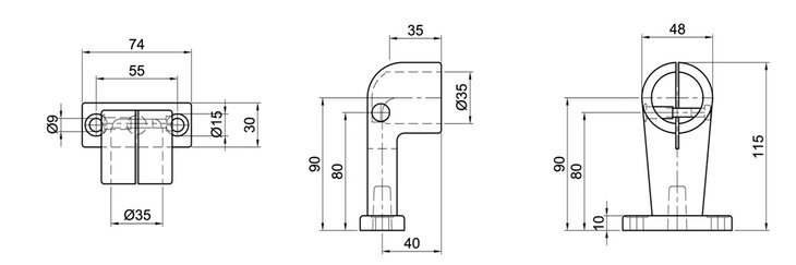 Technical drawing of single-layer end support tube connector with three views and detailed measurements showing dimensions and internal structure.