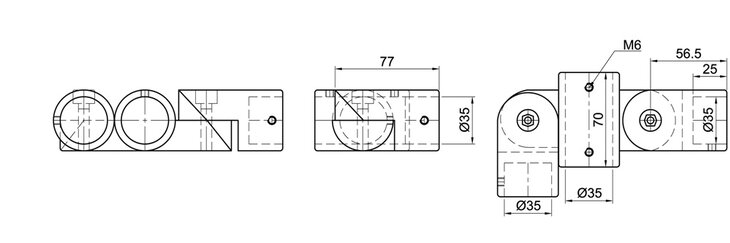 Technical line drawing of a dual-shell cross-joint tube connector with three views and precise measurements