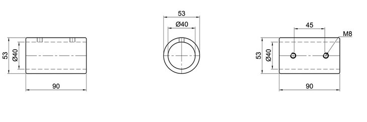 Technische Zeichnung eines zylindrischen Rohr-Verbindungsstücks mit Außenmaß 53 mm, Innenmaß 40 mm, Länge 90 mm und zwei M8-Bohrungen