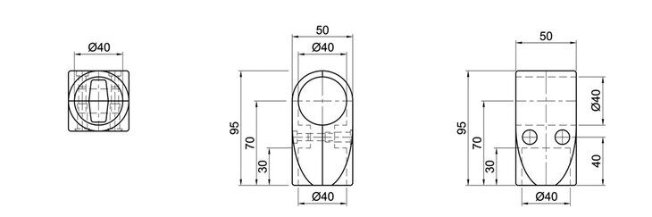 Technical drawing showing front, top, and side views of a 2-layer T-shaped tube connector with dimensions including diameter 40 mm, width 50 mm, and height 95 mm.