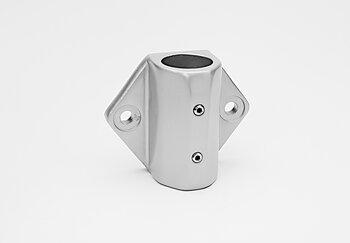 Single-channel wall bracket made of polished metal with two mounting holes and two screws, cylindrical opening on top