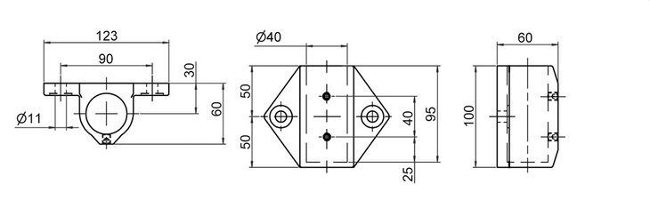 Technical drawing showing front, top, and side views of a single-ring Wandlager tube connector with dimensions and mounting hole measurements.