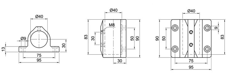 Technical drawing showing front, side, and top views of a single-layer wall bearing tube connector with detailed measurements and dimensions