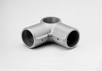 Metallic 90-degree corner tube connector with three open cylindrical ends and hexagon socket screws on the bend