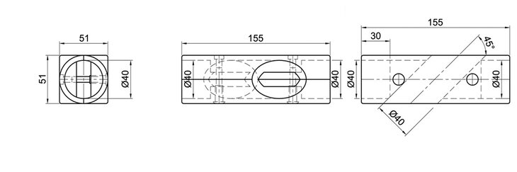 Technical drawing showing front, top, and side views of a dual-layer cross connector with specified dimensions and 45 degree angle marking.