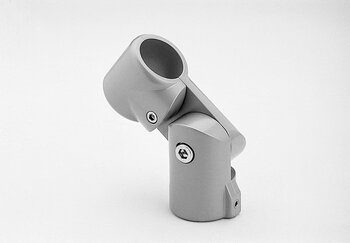 Grey T-shaped metal tube connector with two parallel tubes and screws on a white background