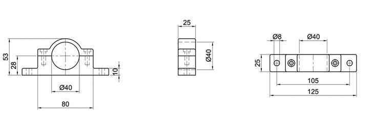 Technical drawing showing front, side, and top views of a two-part plate holder with detailed measurements and dimensions.