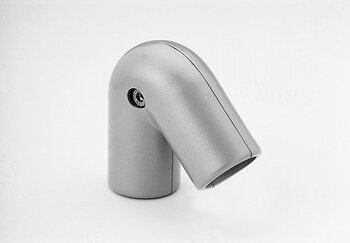 Gray metallic two-layered angle tube connector with an adjustable screw, bent at an angle between 45 and 135 degrees