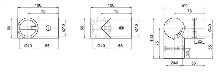 Technical drawing showing three views of a 90-degree corner connector head piece with two layers, dimensioned in millimeters