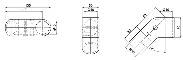 Technical drawing showing three views of a two-layer T-connector tube with 45° and 135° angles, including dimensions such as outer diameter 40 mm and lengths of 135 mm, 50 mm, and 80 mm.