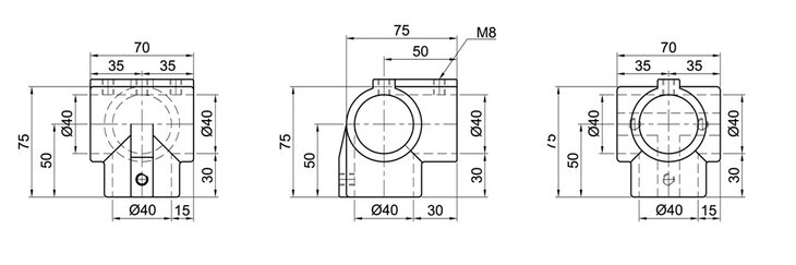 Technical line drawing showing front, side, and top views of a 90 degree open corner tube connector with marked dimensions including 40 mm diameter and M8 screw hole