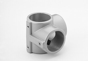 Metallic 90-degree open elbow tube connector with three cylindrical openings and screws