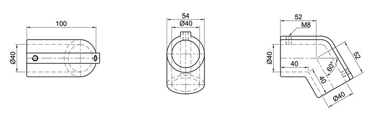 Technical drawing showing three views of a single-layer angled tube connector with 60 and 120 degree angles, diameter 40 mm, and M8 thread details.