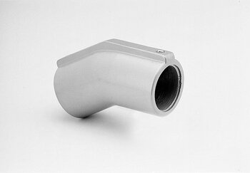 Metal angled tube connector with one open cylindrical end and a screw on top, positioned against a plain white background