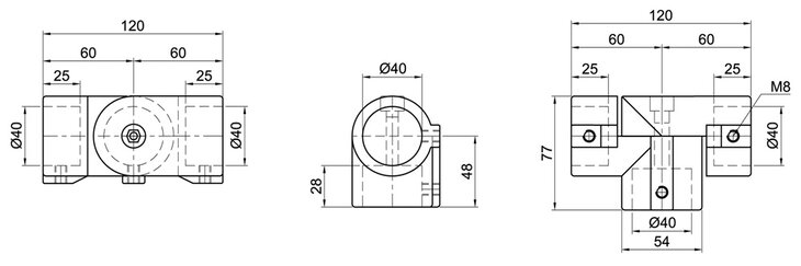 Technical drawing showing front, side, and top views of a single-layer T-joint tube connector with dimensions and measurements in millimeters.