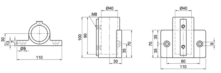 Technical blueprint of a single-shelled wall bearing showing front, side, and top views with precise measurements and specifications.