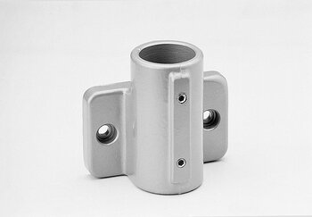 Single-shell metal wall bearing tube connector with cylindrical holder and two mounting plates with screw holes on white background