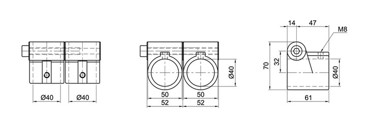 Technical drawing of a double open single-walled tube connector with dimensions and measurements