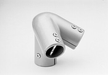 Silver metal tube connector with two hollow cylindrical ends joined at a 64-degree angle, showing screws and a bolt inside