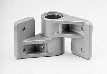 Metallic wall bracket corner mount with two flat mounting bases and a cylindrical joint