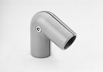 Metallic 64-degree angled two-part tube connector with hex screw and hollow open ends.