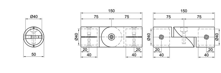 Technical drawing of a single-layer angled joint tube connector with circular cross-section, showing front, top, and side views with dimensions.