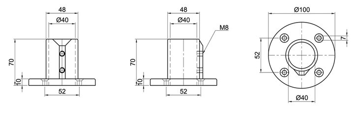 Technical drawing of a single-layer floor bearing tube connector showing front, side, and top views with dimensions and details