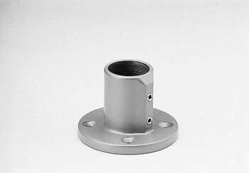 Metallic single-sleeve floor bearing with cylindrical tube holder mounted on circular base featuring four screw holes and two hex screws on the side