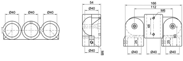 Technical drawing with front, side, and top views of a single-shell cross joint tube connector with three 40 mm diameter tube slots and mounting hole dimensions
