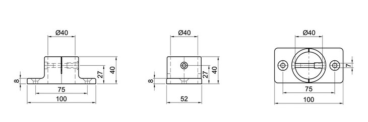 Technical drawing of a single-layer floor bearing for a 40 mm diameter tube showing front, side, and top views with dimensions
