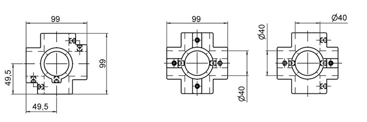 Technical drawing showing front, top, and side views of a six-way single-layer tube cross connector with dimensions marked