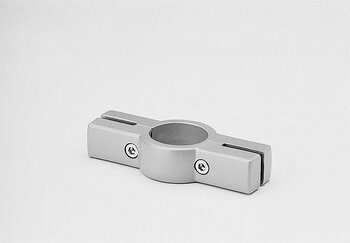 Metallic double glass holder with two screws and slotted grooves on a plain background