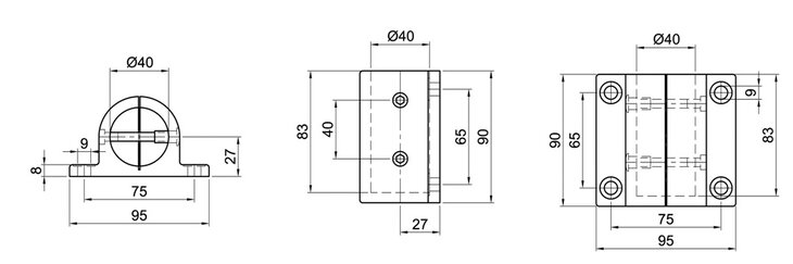Technical schematic of single-layer wall bearing with dimensions Ø40 mm tube, base plate 95x90 mm, and mounting hole positions.