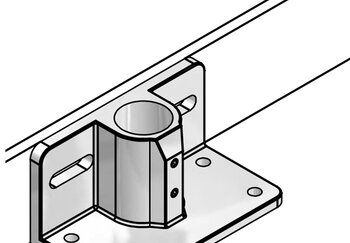 Metal floor bearing bracket with cylindrical holder and flat base plate mounted on skirting board