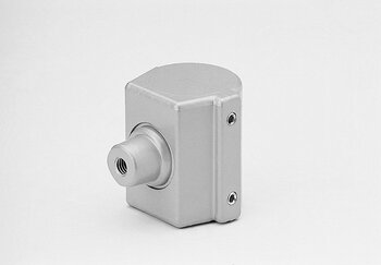 Silver metallic tube connector part with cylindrical threaded protrusion and two screw holes on the adjacent surface on a white background