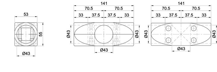 Technical drawing of a two-layer cross connector for tubes with front, top, and bottom views showing dimensions and hole placements.