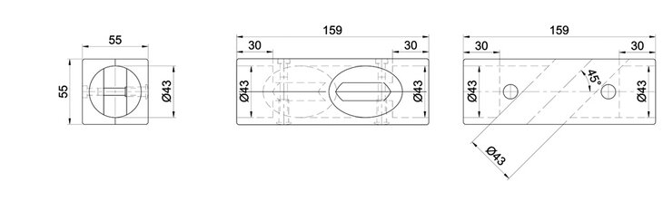 Technical drawing of a double-shell tube cross connector showing front, top, and side views with detailed dimensions including 43 mm diameter holes and 45° angled cutout.