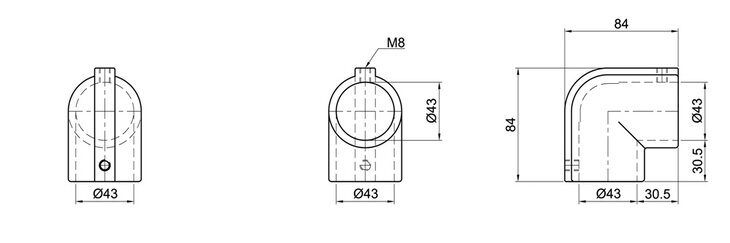 Technical drawing of a 90-degree single-layer tube connector with dimensions labeled including diameter 43 mm, length and height 84 mm, and M8 threaded screw.