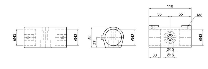 Technical drawing of Rohrhalter-W single-layer pipe holder showing front, side, and top views with dimensions and mounting hole specifications.