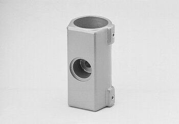 Rectangular metal tube holder with threaded top opening and side circular hole, featuring two set screws on one side.