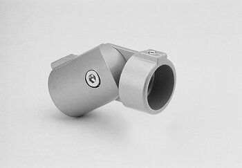 Single-shelled angled swivel tube connector with two cylindrical parts connected at an angle, featuring securing screws.