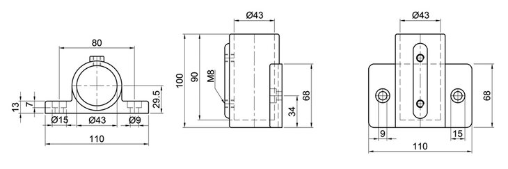 Technical engineering drawing showing front, side, and top views of a single-sheet wall bracket with detailed dimensions and mounting hole placements.
