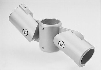 Single-shell metal cross-joint tube connector with central opening and two angled cylindrical extensions secured by hex screws