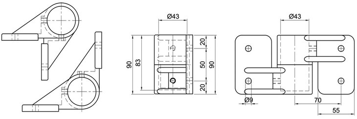 Technical drawing showing multiple views and detailed dimensions of a single-layer wandlager corner mounting bracket with cylindrical parts and rectangular mounting plates.