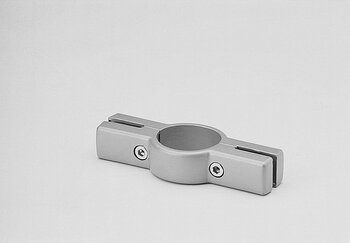 Gray double glass clamp with two flat arms and hexagonal screws on a plain background