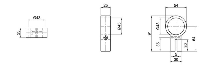 Technical drawing showing front, side, and top views of a two-part glass holder with detailed dimensional measurements