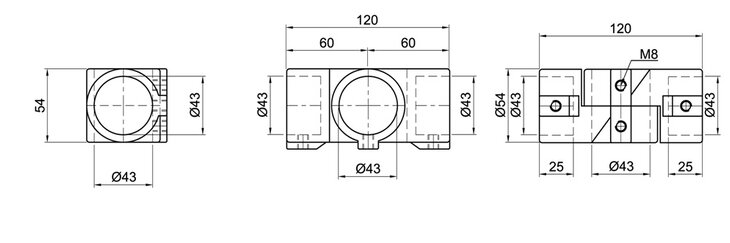 Technical drawing with three orthographic views of a single-shelled cross joint tube connector with dimensions including 43 mm diameter and 120 mm length.