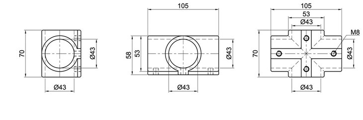 Technical drawing showing front, side, and top views of a single-layer cross tube connector with detailed dimensions including 43 mm diameter openings and overall size of 105 by 70 mm.