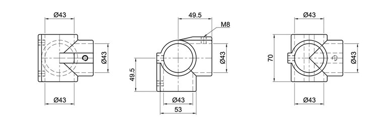 Technical drawing of a 90-degree open corner tube connector showing three views with dimensions including 43mm diameter and M8 screw hole