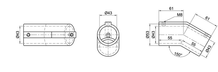 Technical drawing of a single-layer tube connector with angle 30° / 150°, includes top, front, and side views with dimensions and an M8 bolt.